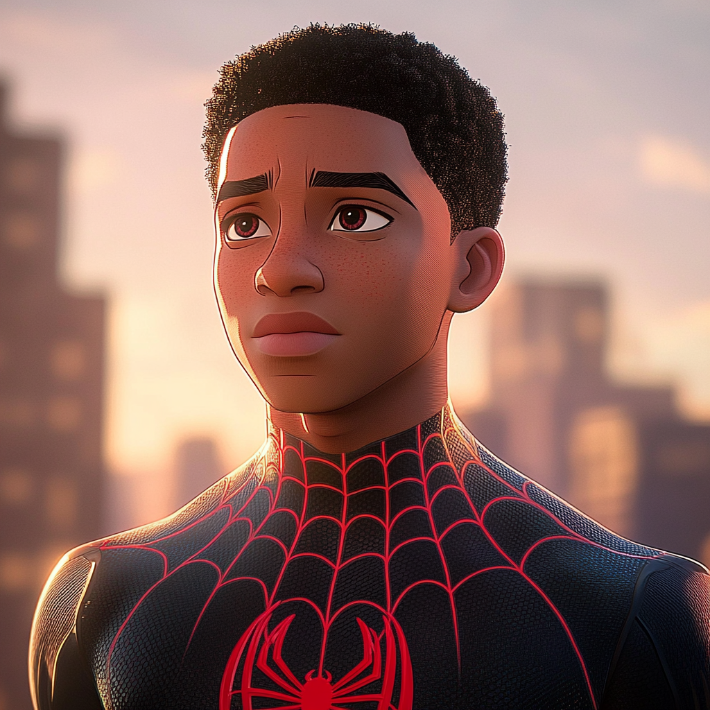 Spider-Man Miles Morales in realistic style, gazing at sunset.