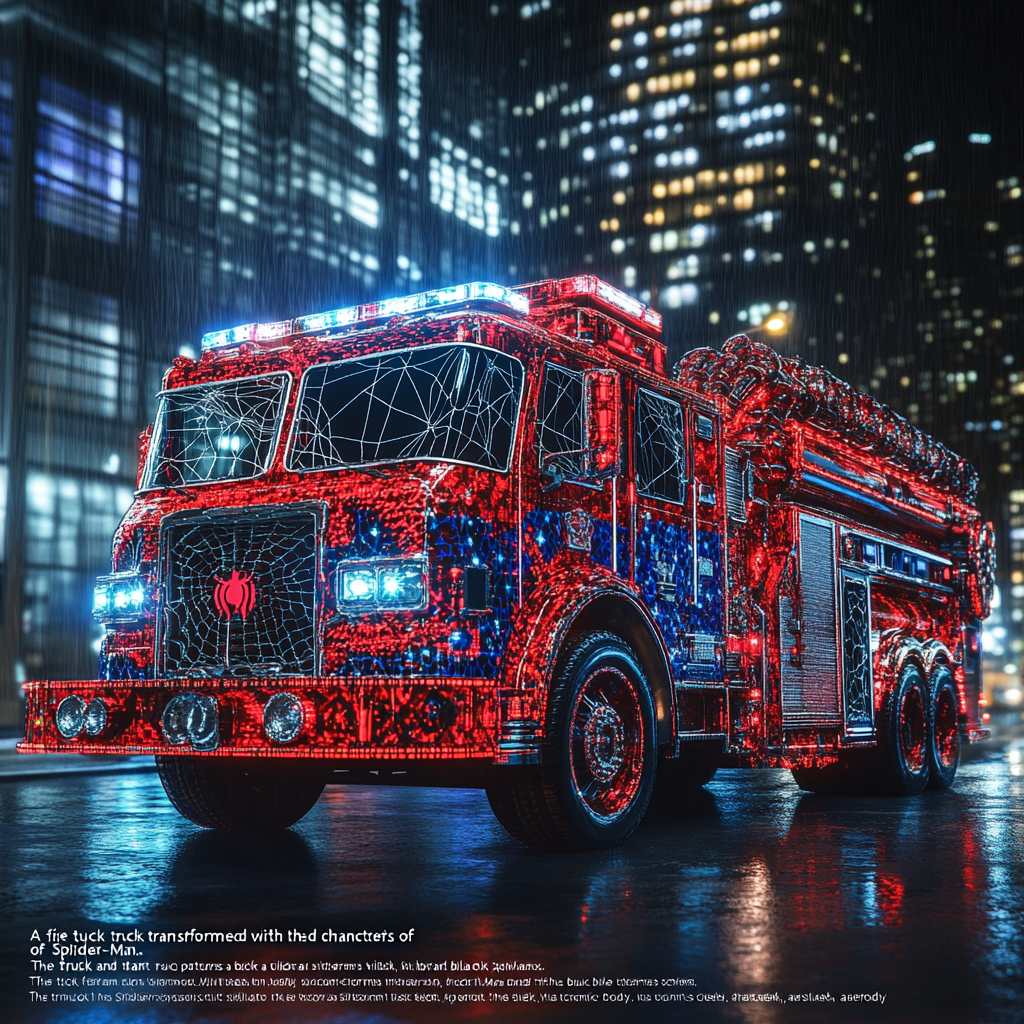 Spider-Man themed fire truck in urban cityscape at night.