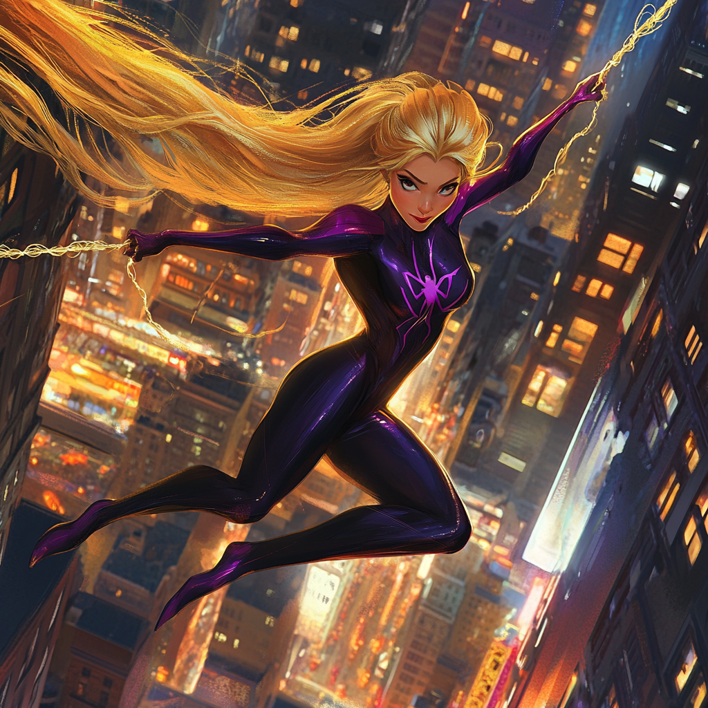 Spider-Woman Rapunzel swinging with golden silky hair.