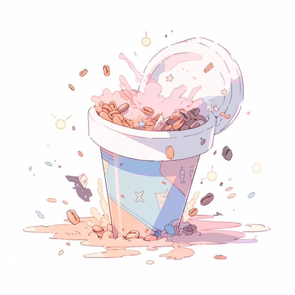 Spilled giant coffee cup in pastel style illustration.