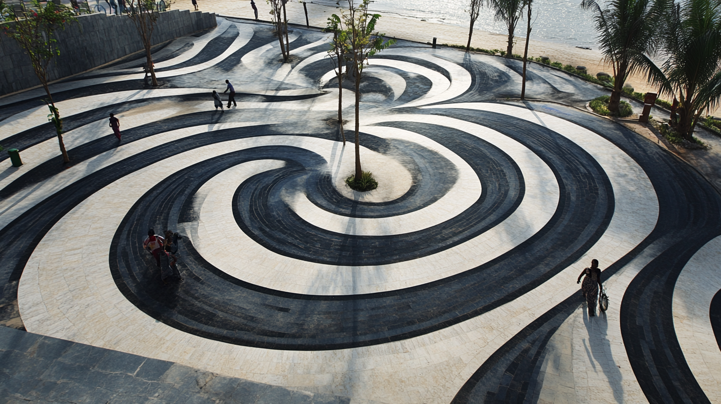 Spiral and swirly plaza in modern ferry terminal.