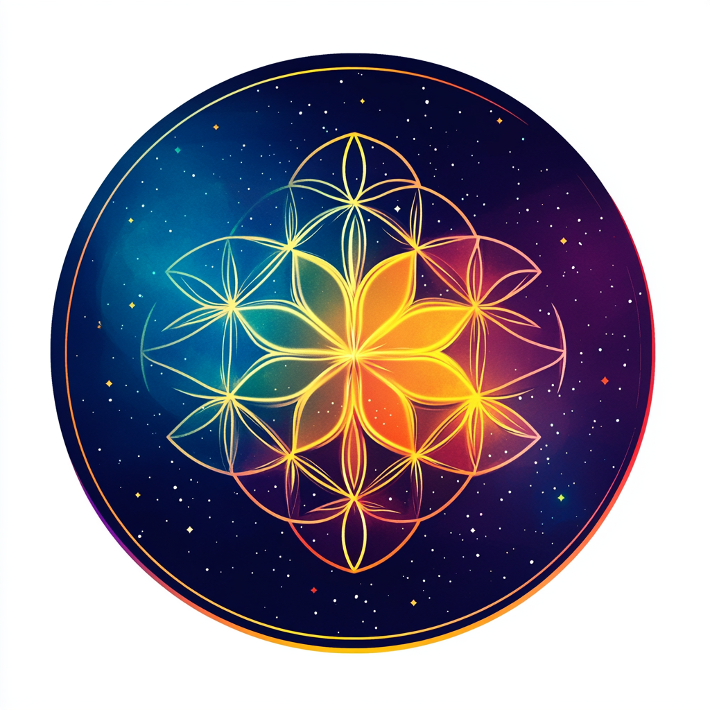 Spirituelles Logo: Sonnensystem, Mondphasen, Sterne, Flower of Life