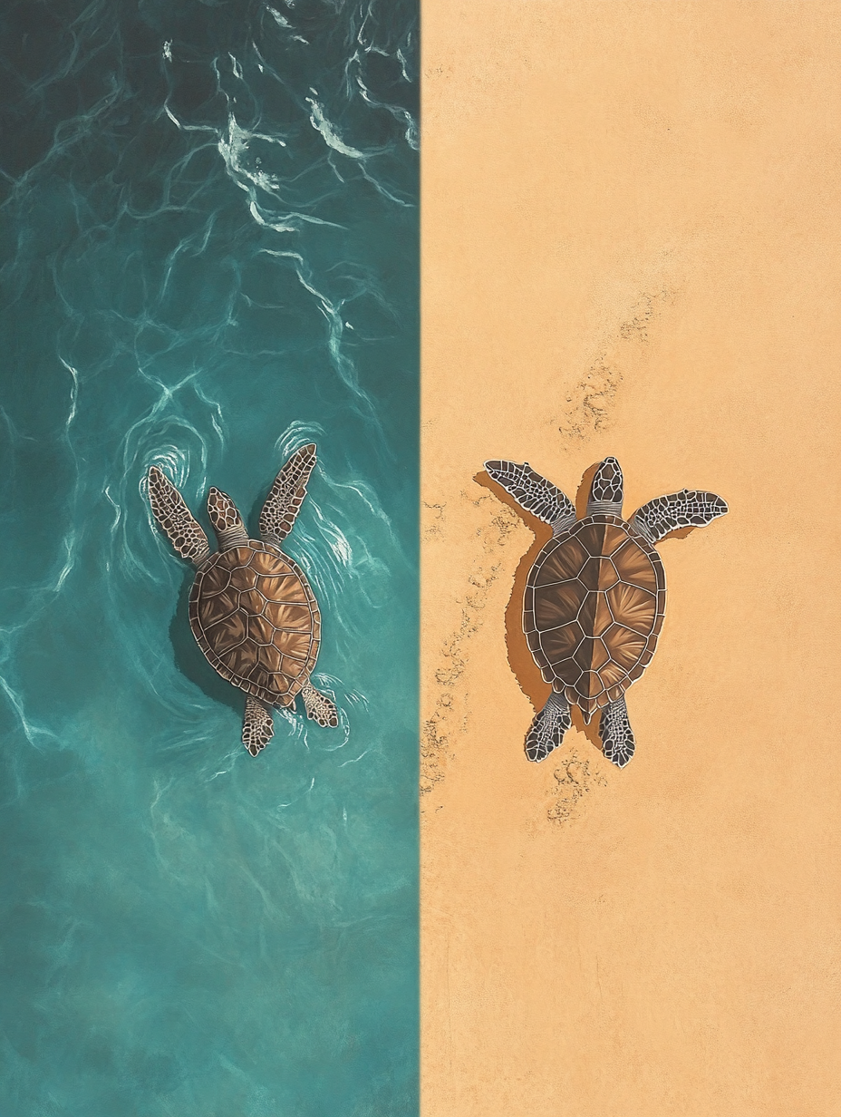 Split Image: Graceful Ocean Turtle, Determined Beach Crawler