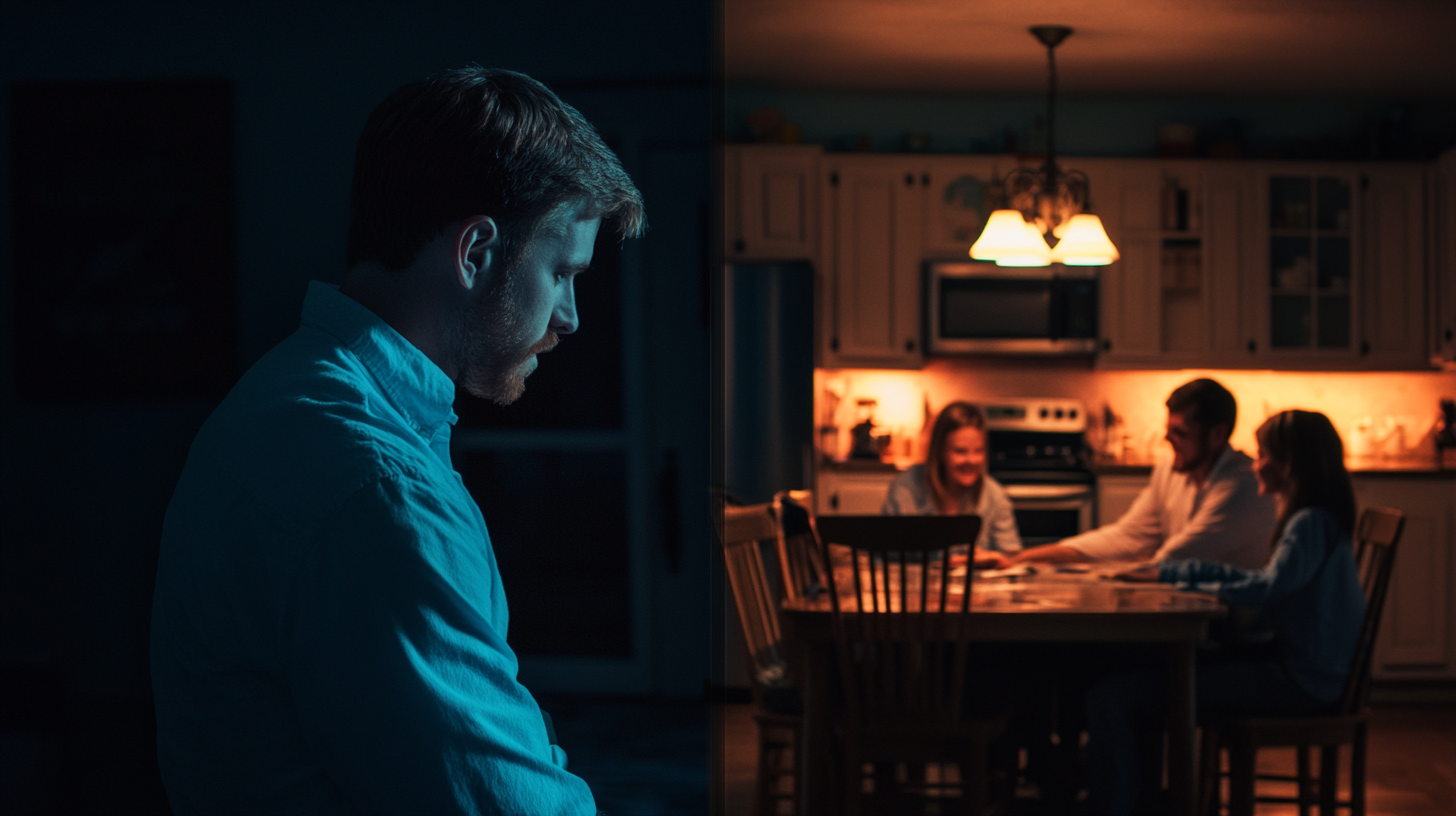 Split image of man at chasm and warm family kitchen