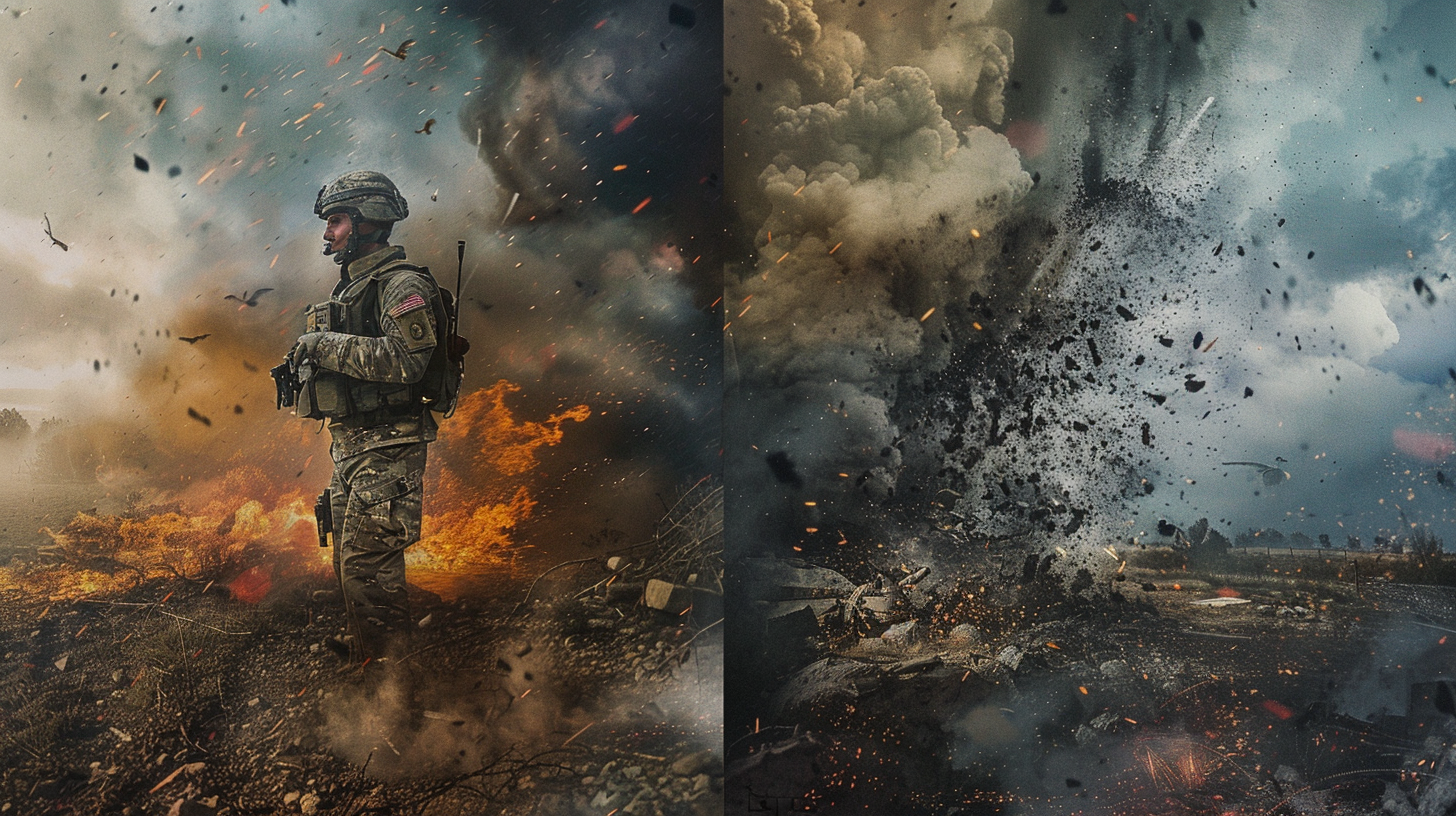 Split image of soldier shows contrast in situations.