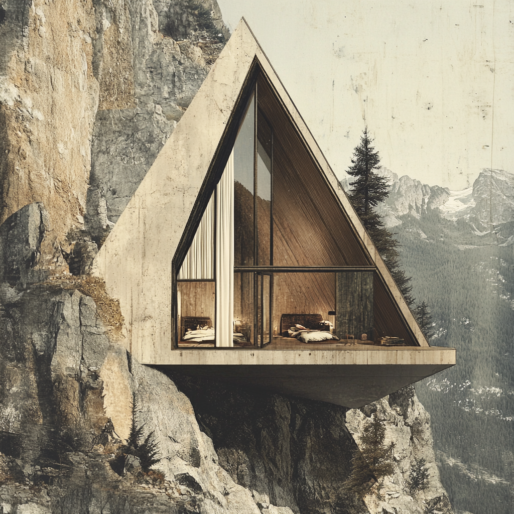 Split level cabin in mountains with triangular shape window.