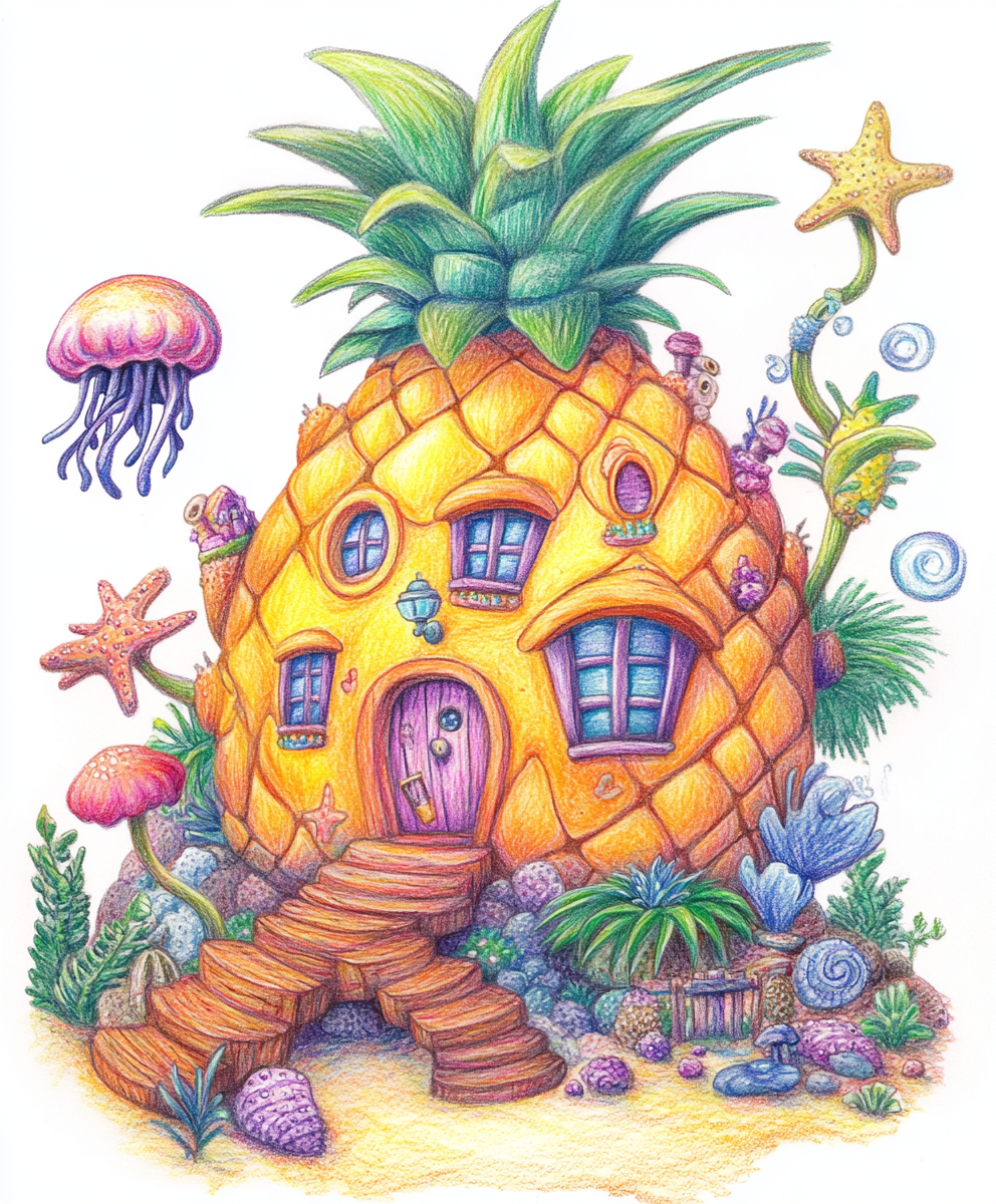 Spongebob's pineapple house hand-drawn in colored pencil