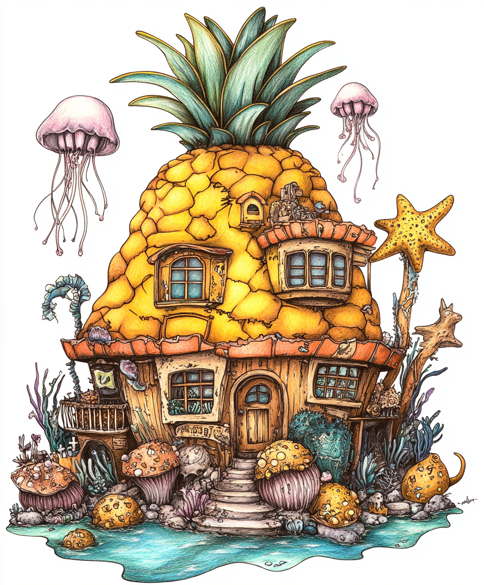 Spongebob's pineapple house with starfish, jellyfish, snails design.