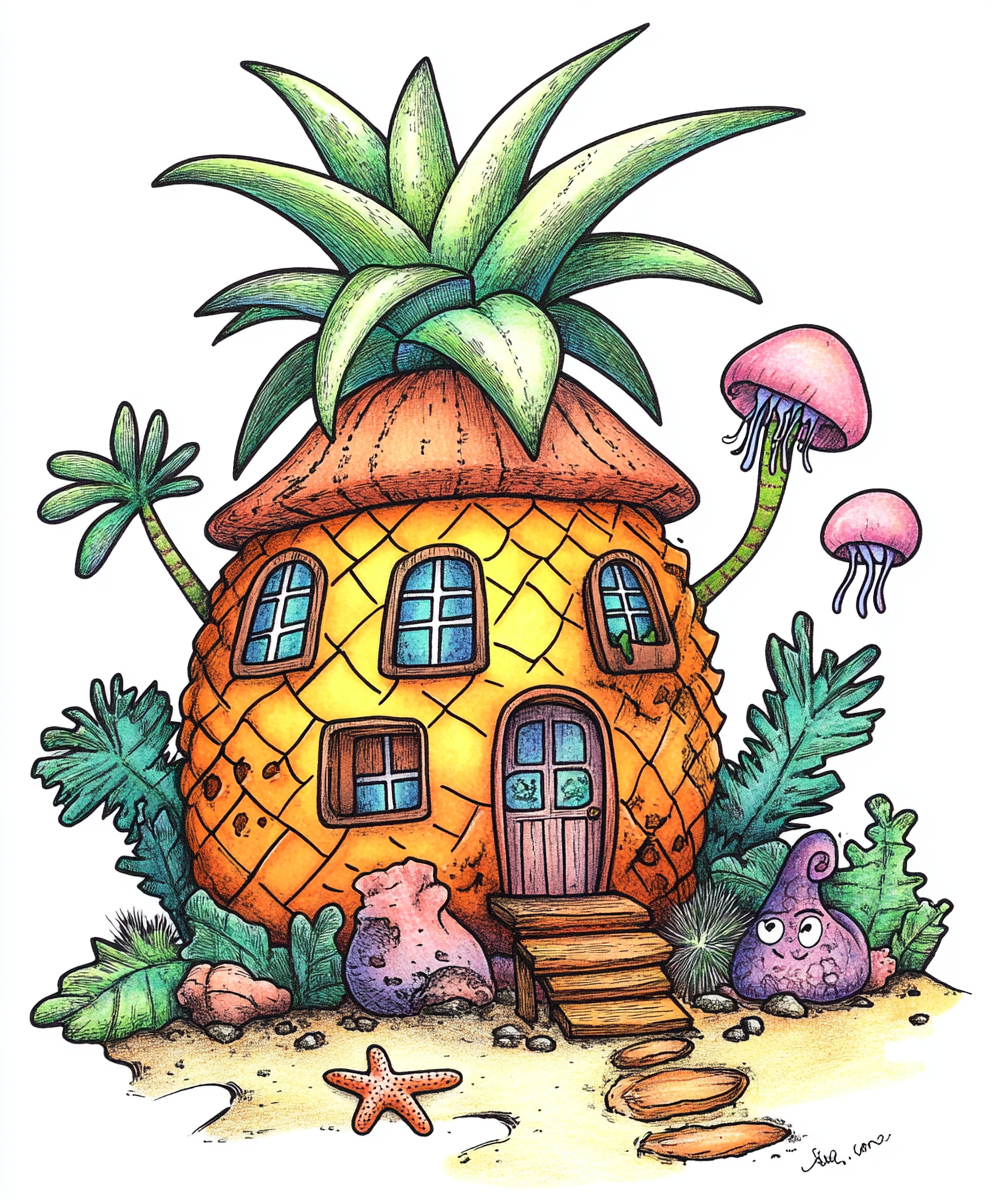 Spongebob pineapple house drawn in colorful pencil style.