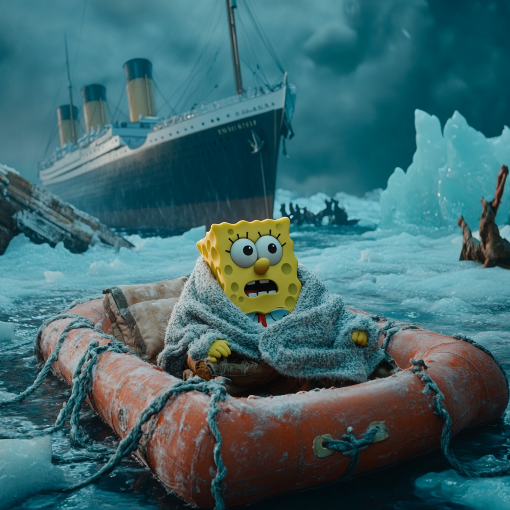 Spongebob shivers on raft; Titanic sinks, ice surrounds. - Stock Image ...