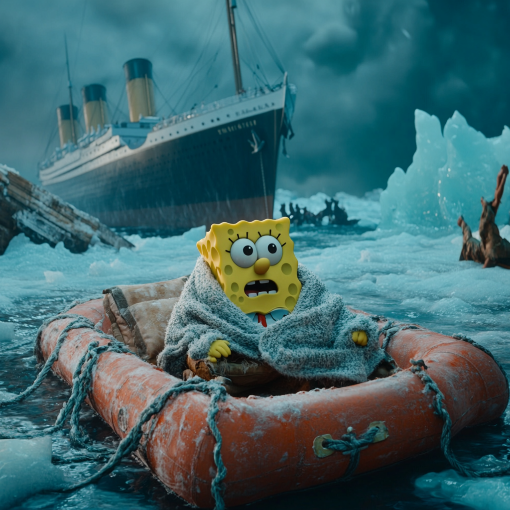 Spongebob shivers on raft; Titanic sinks, ice surrounds.