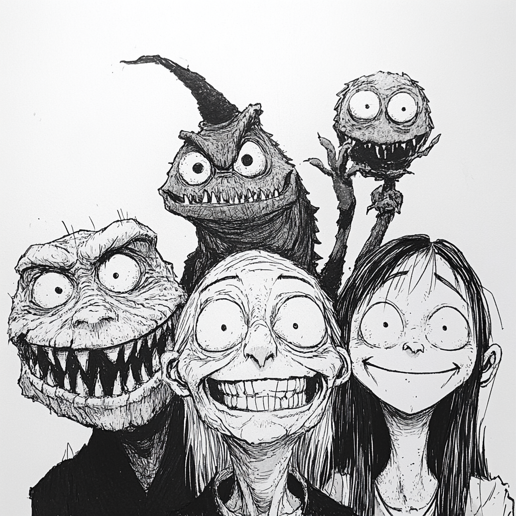 Spooky Creatures Smiling Together in a Drawing