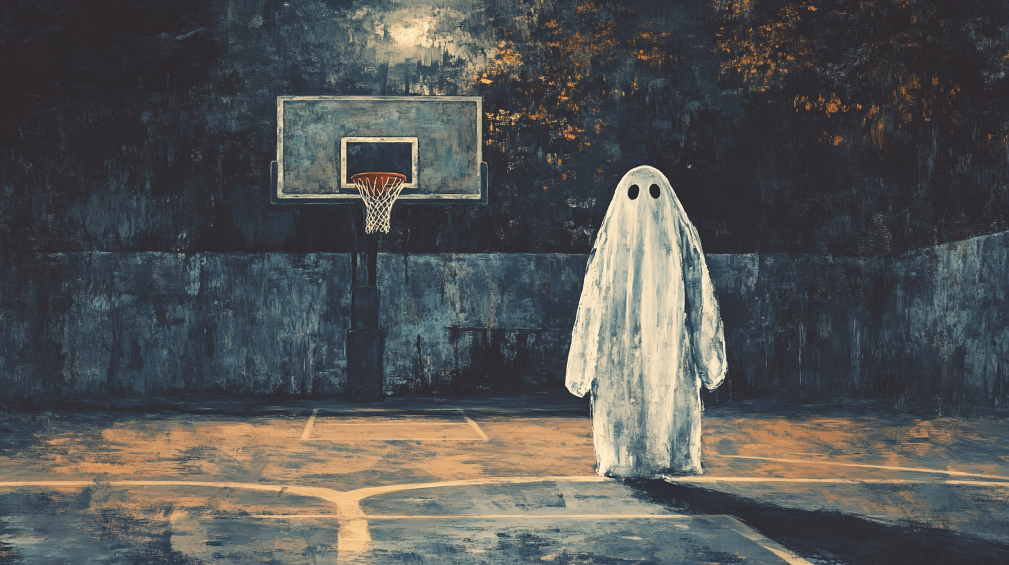 Spooky Ghost on Dark Basketball Court, Textured Style