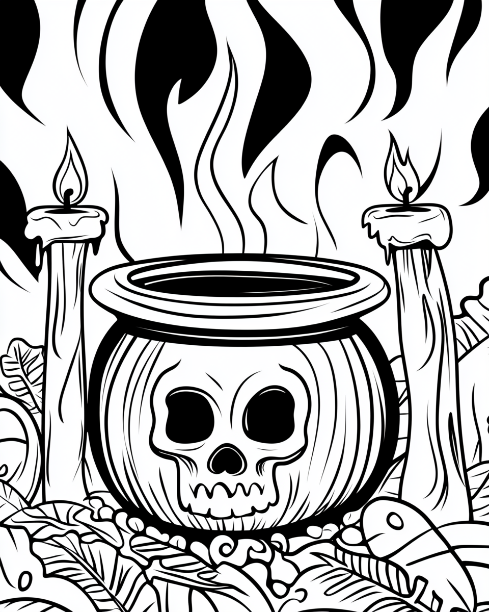 Spooky Halloween Cauldron with Skull and Candles Coloring Page