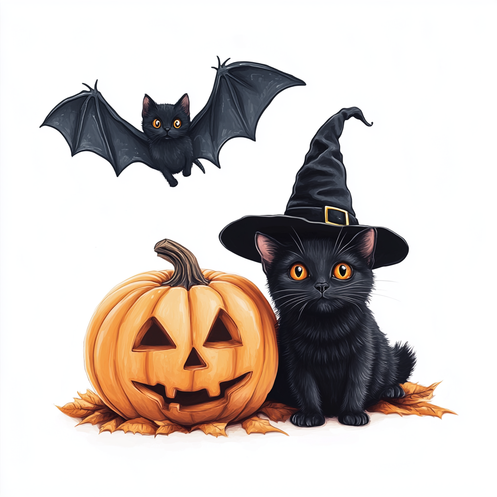 Spooky Halloween Objects with Cute Black Cat