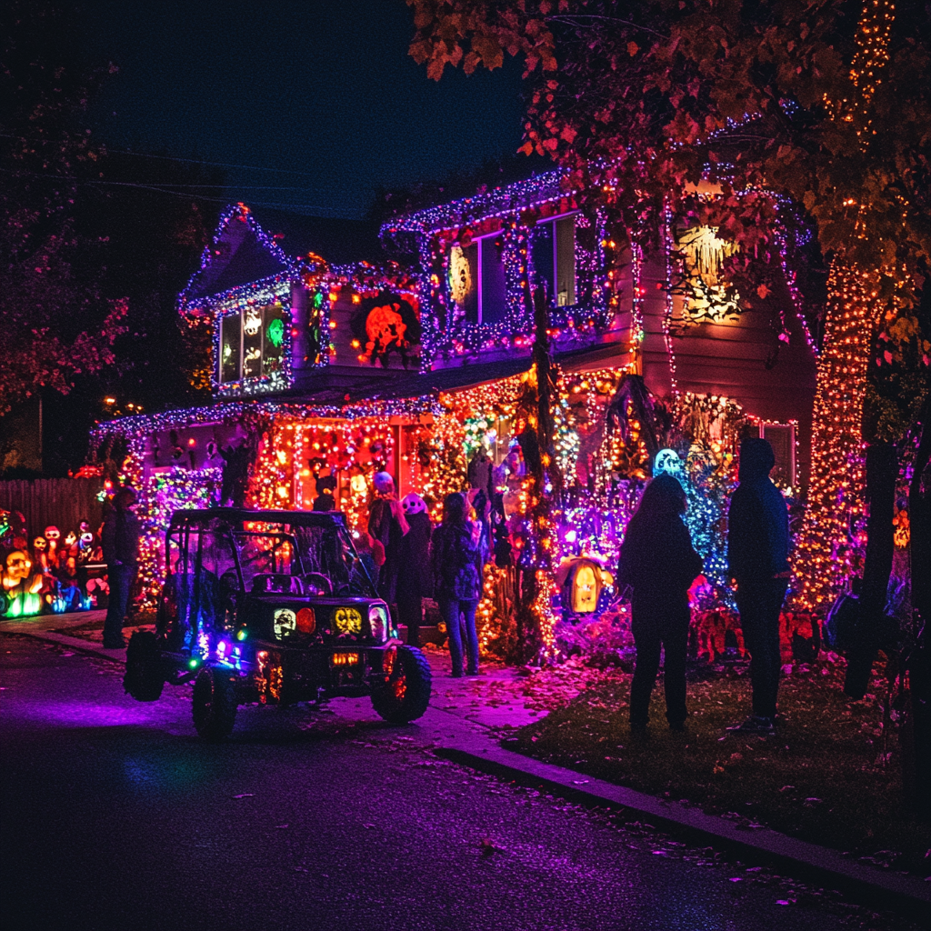 Spooky Halloween decorations with haunted house ride.