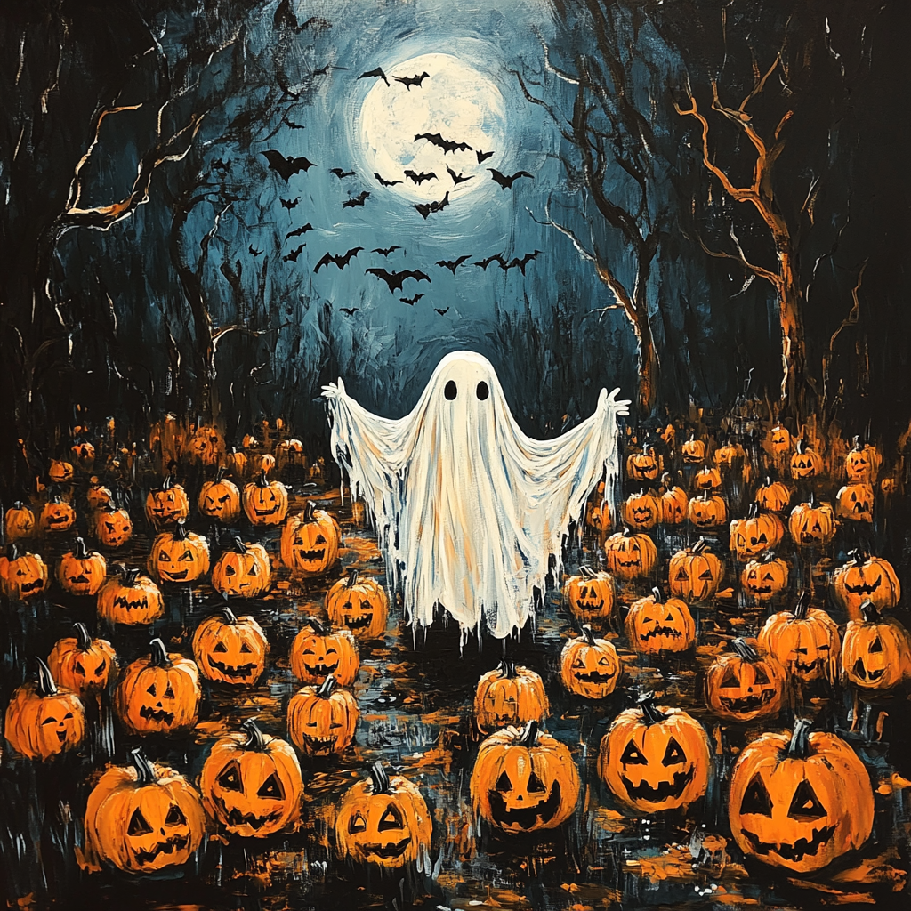 Spooky Halloween night with jack-o'-lanterns and ghost