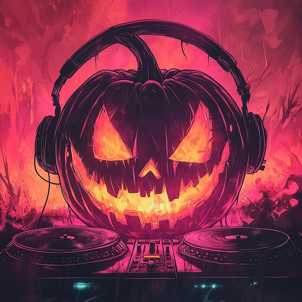 Spooky Jack-o-lantern DJ spins records at night