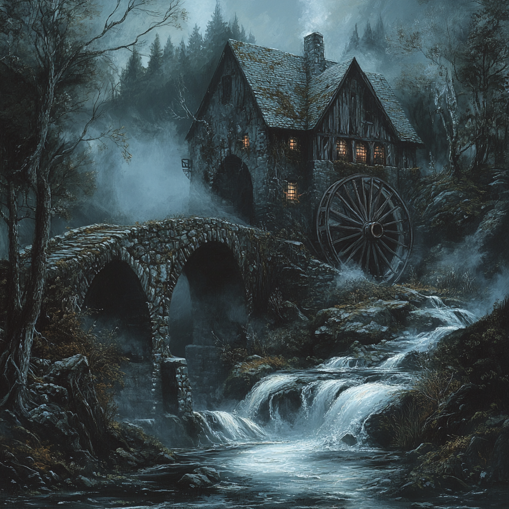 Spooky Misty Old Mill with Covered Bridge Fantasy Art