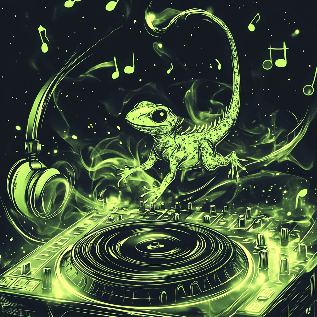 Spooky Neon DJ Poster with Cartoon Lizard Ghost