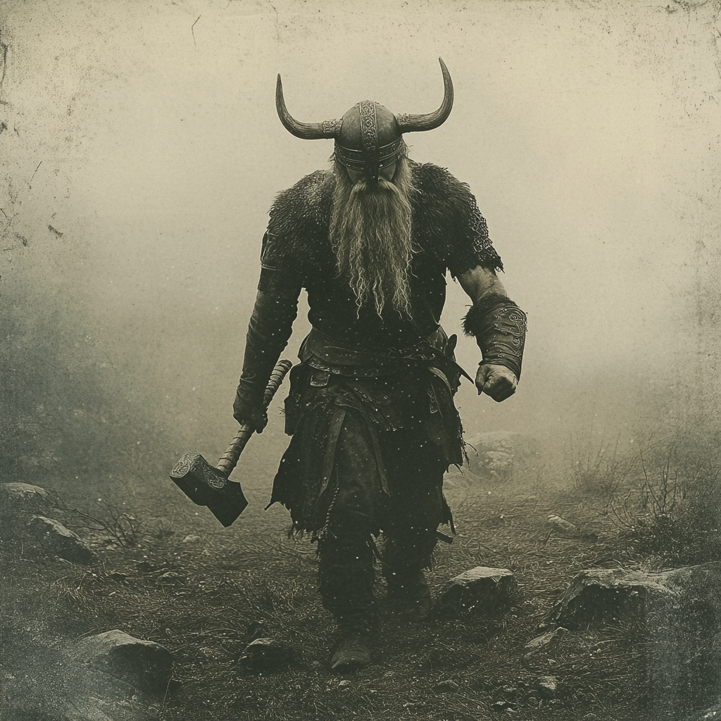 Spooky Norse Viking Warrior with Warhammer and Horned Helmet