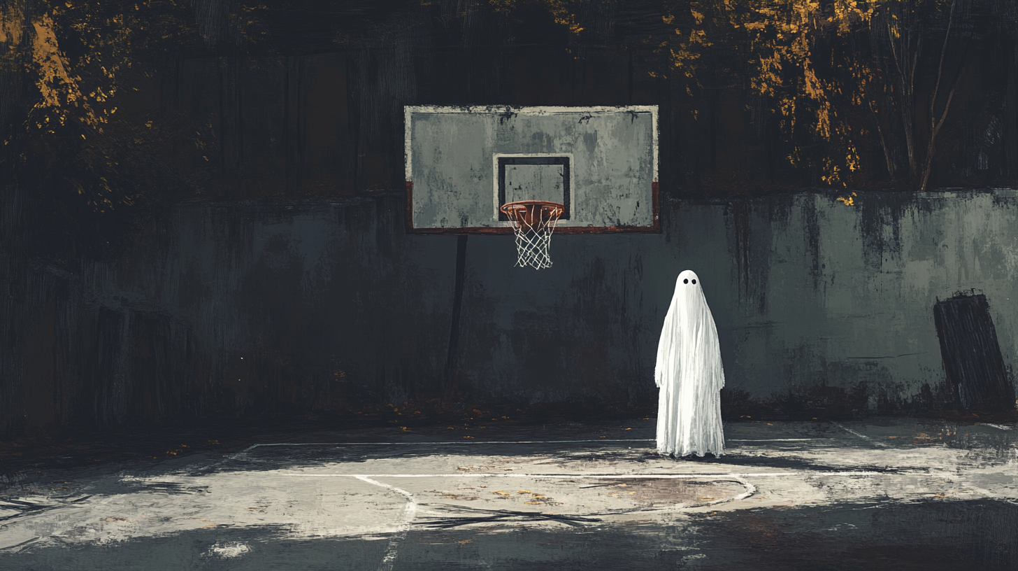 Spooky Textured Painting Style: Basketball Court with Ghost