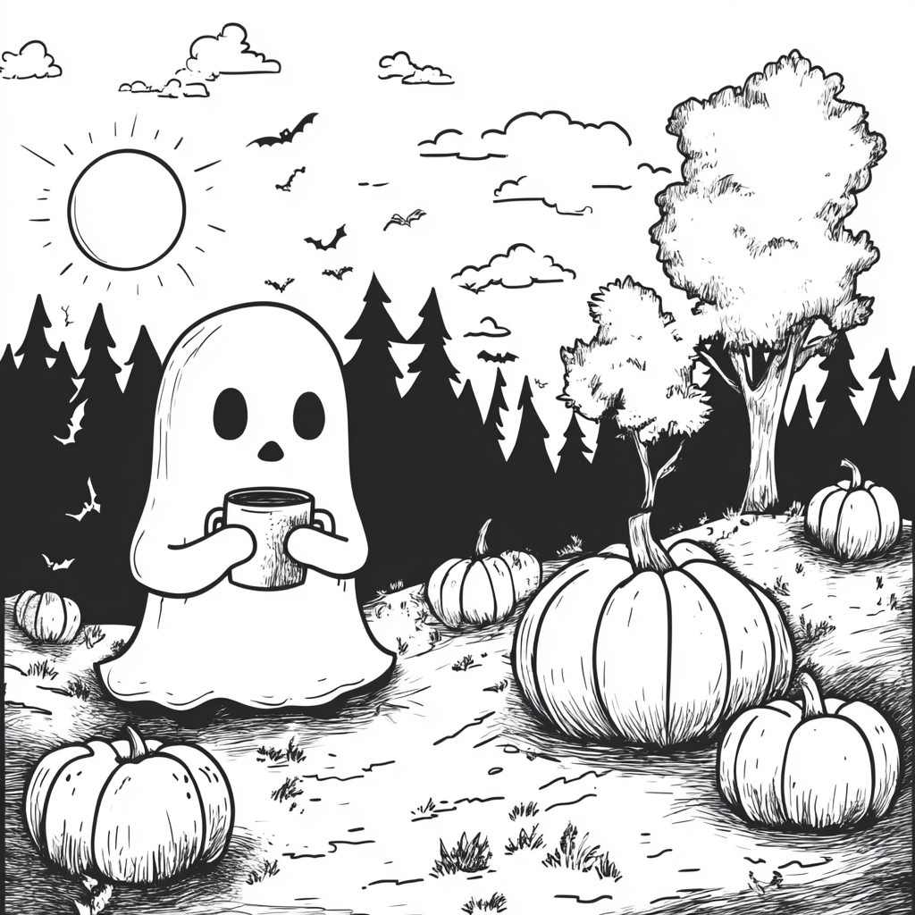 Spooky cute ghost sipping coffee in pumpkin-filled park.