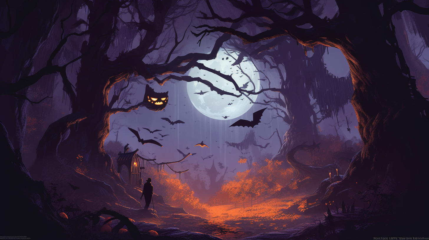 Spooky forest with jack-o'-lanterns, adventurers near mansion under moon.