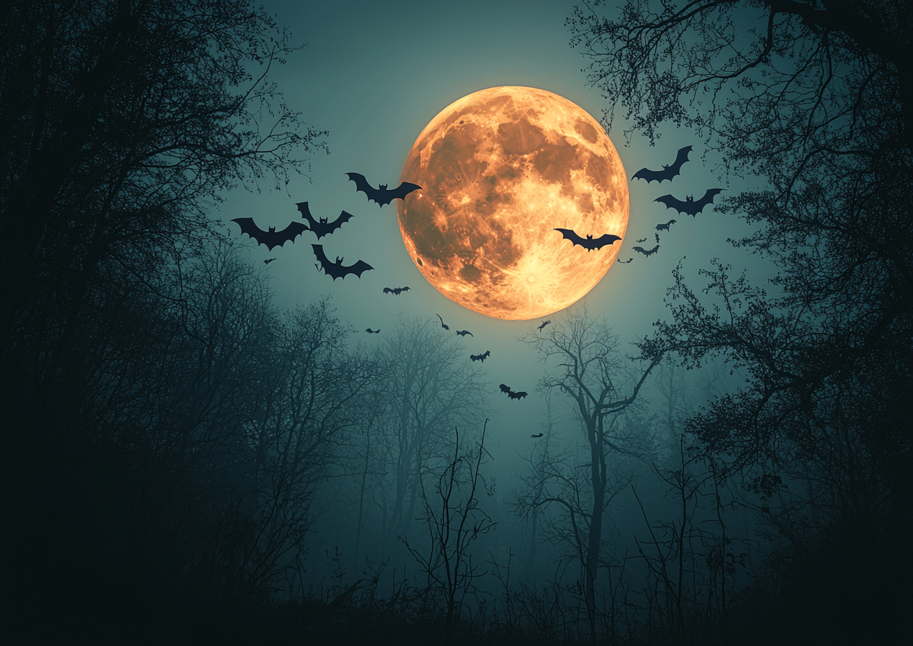 Spooky moonlight scene with flying bats on Halloween night.