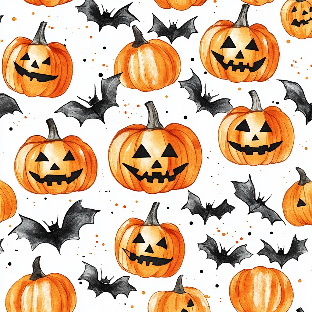 Spooky pumpkins and bats in cute repeating design.