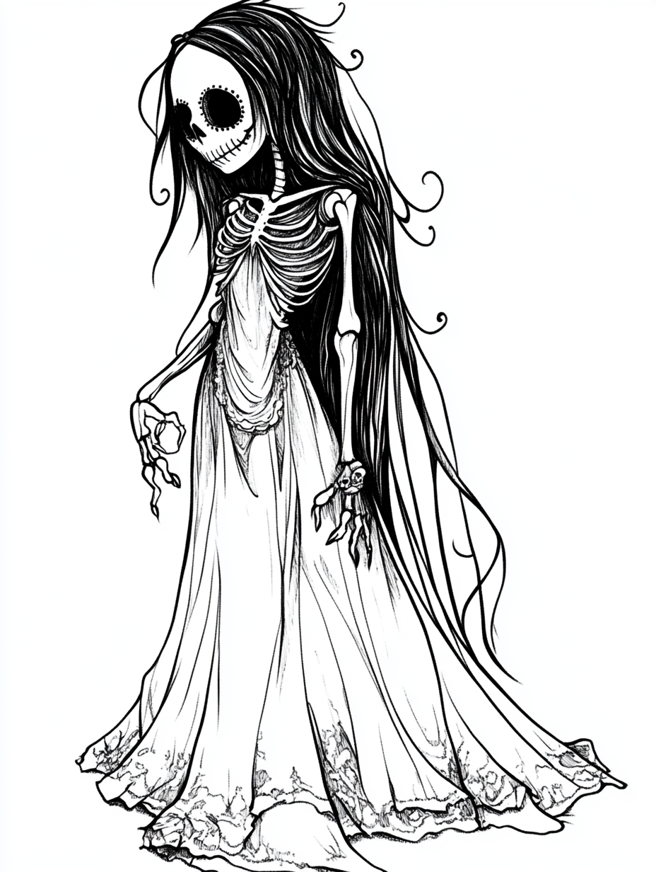 Spooky skeleton in tattered dress looks at wedding ring.