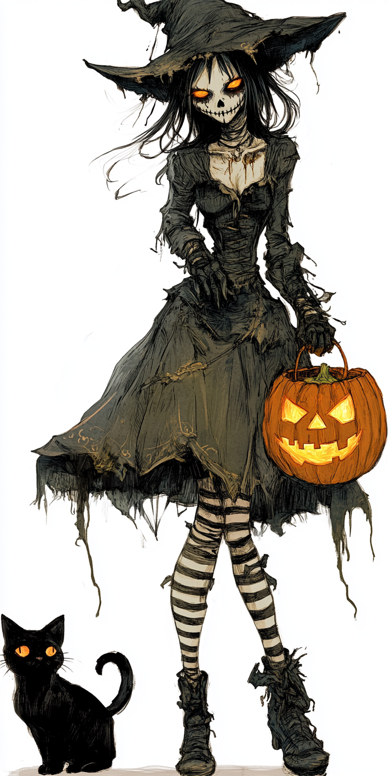 Spooky witch with skull face, black cat, jack-o'-lantern.