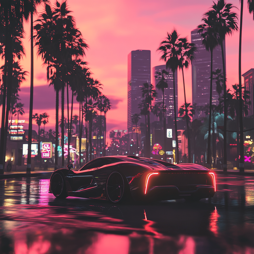 Sports car drives through vibrant city, reflecting neon lights.