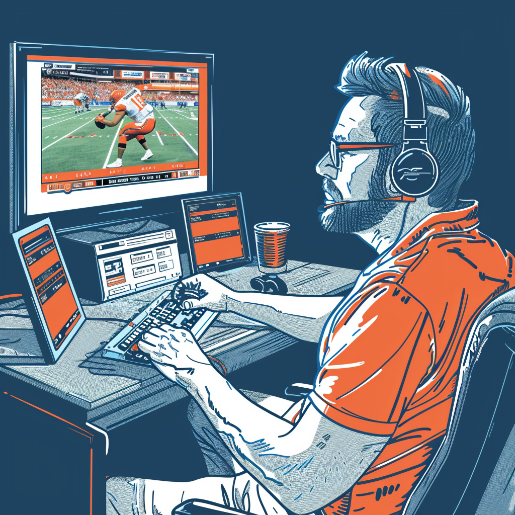 Sports gambler analyzing stats on computer, watching football game.