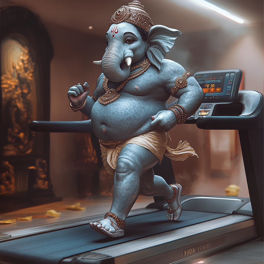 Sporty Lord Ganesh sweating on treadmill in sportswear.