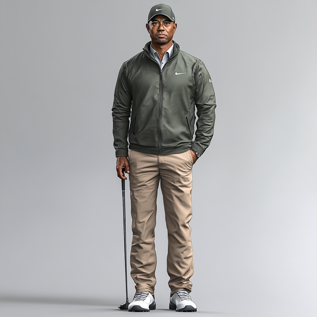 Sporty tiger woods in tan and green attire.