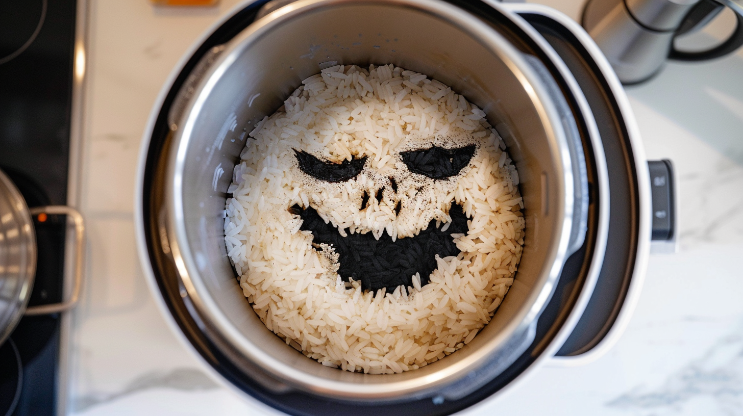 Spotless Kitchen with Demon-faced Burnt Rice in Cooker