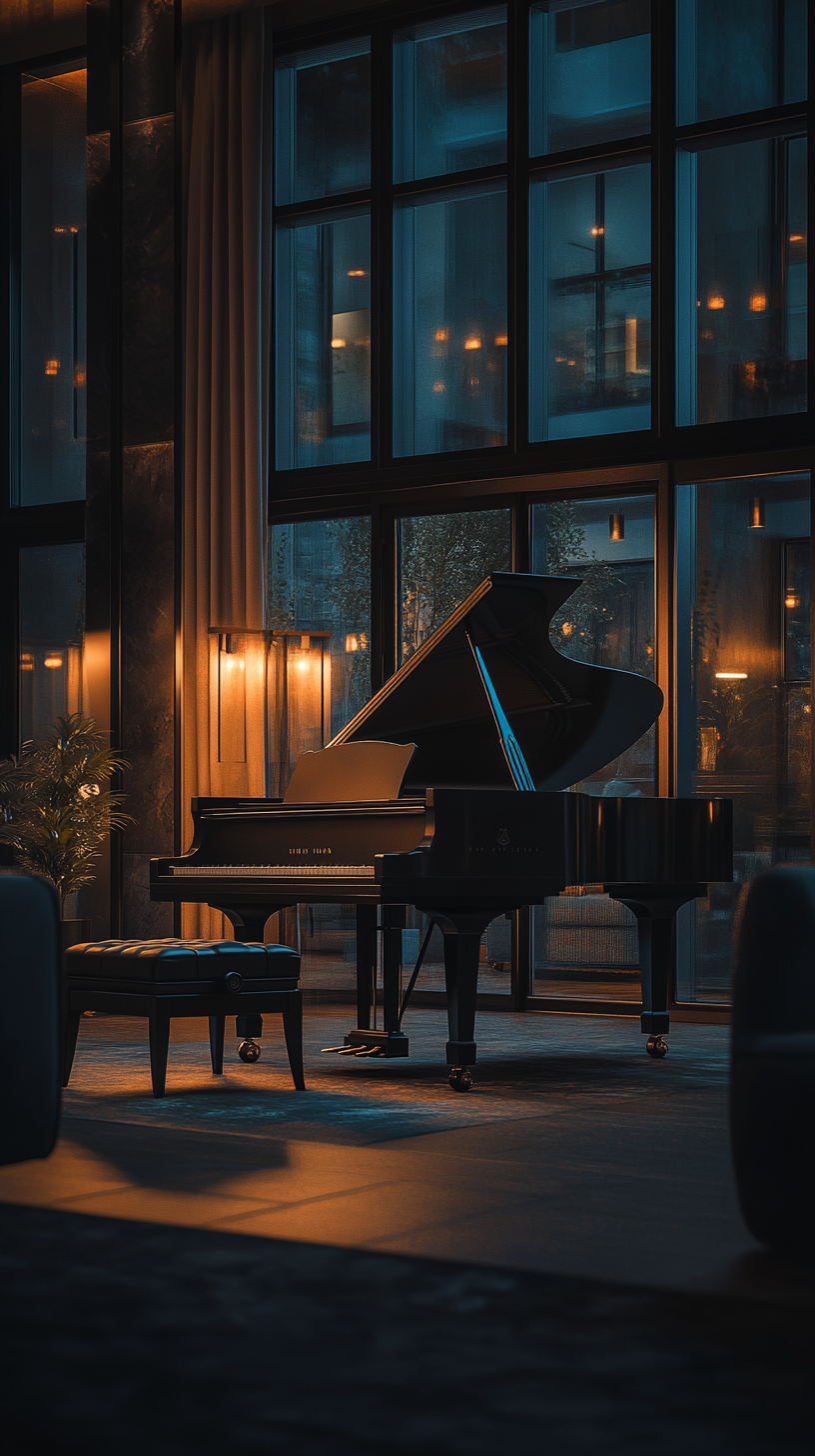 Spotlight shining on grand piano in dark room