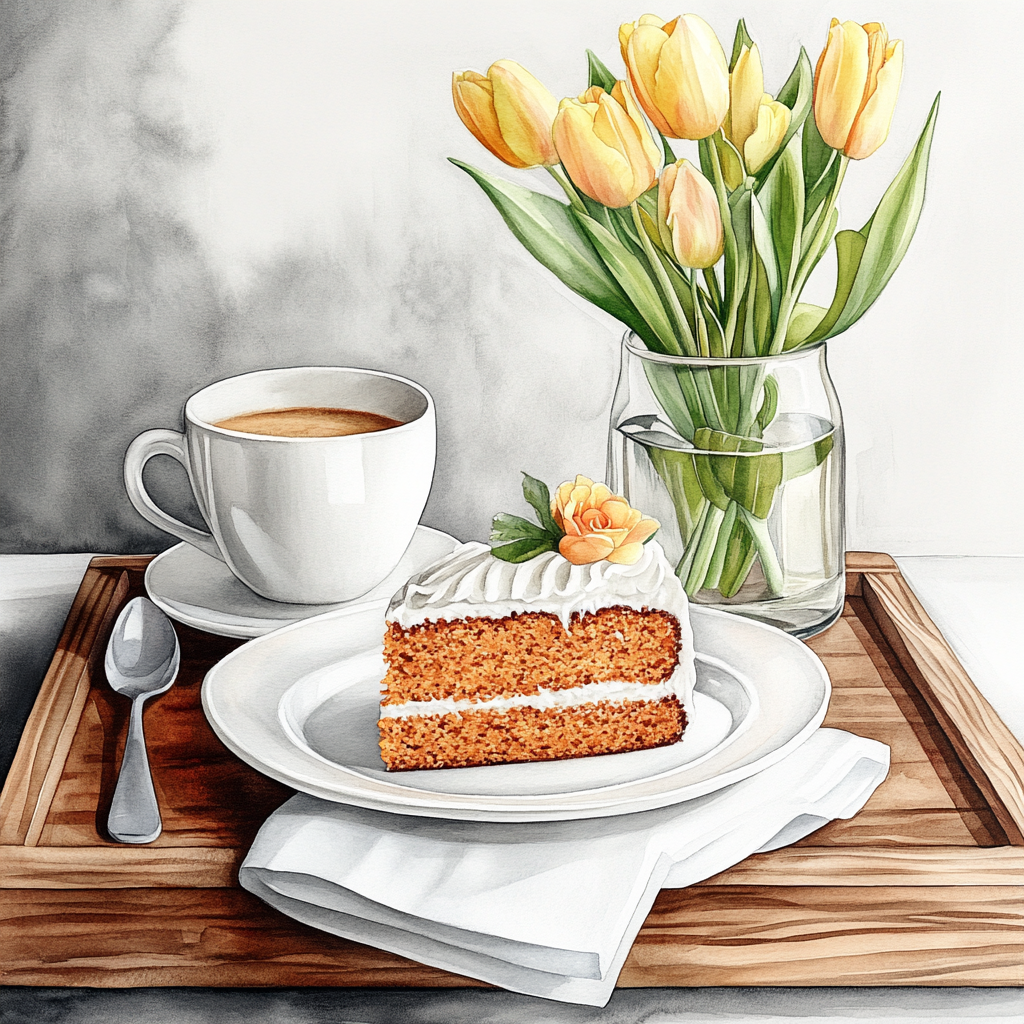 Spring-themed watercolor cake and coffee clipart.