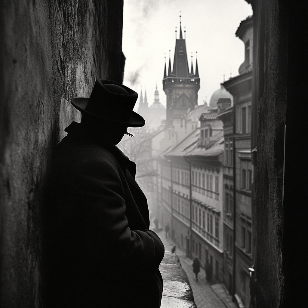 Spy in a hat leaning against wall smokes cigarette.