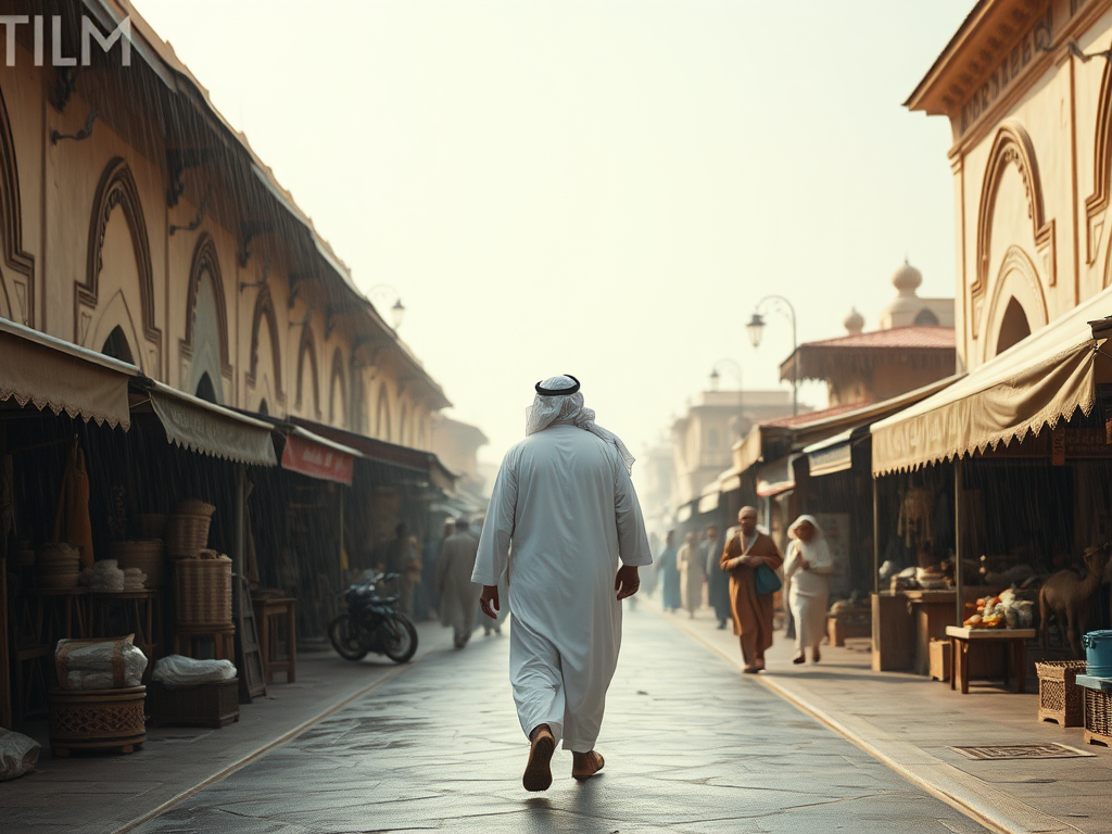 Spy watches man in Arabic attire in bustling market.