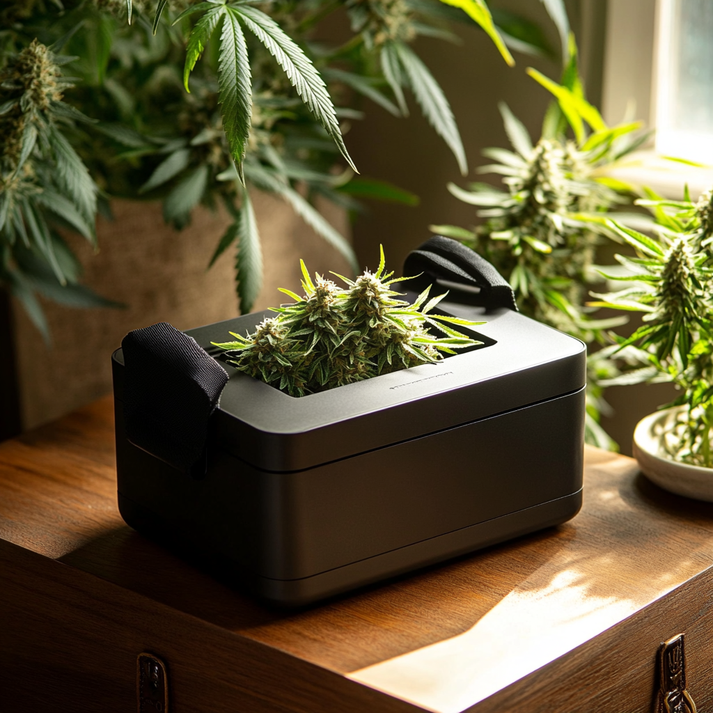 Square Black Device for Tote with Cannabis Flowers 