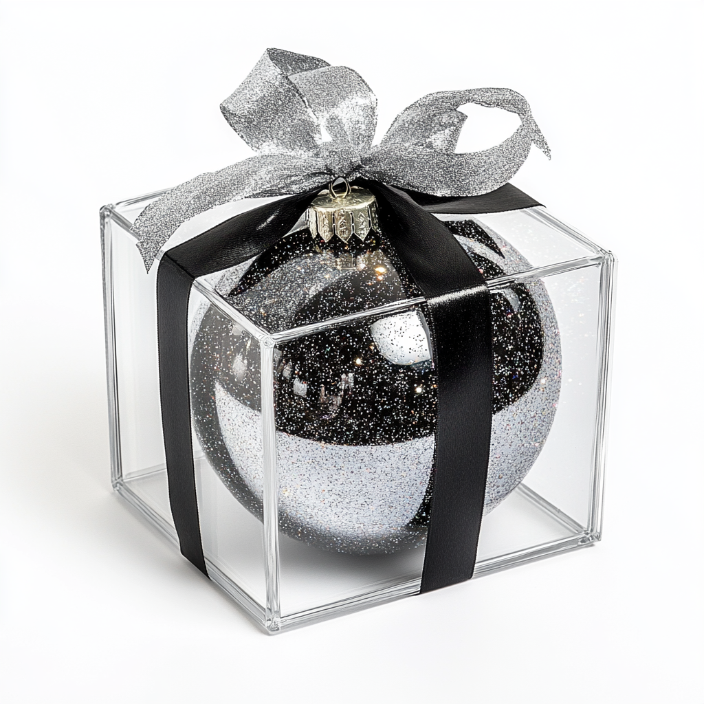 Square gift box with silver & black ribbon, glitter sphere.