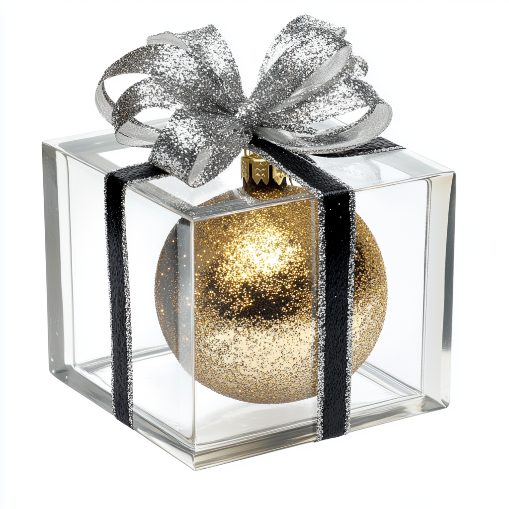 Square gift box with silver & black ribbon, gold glass sphere.