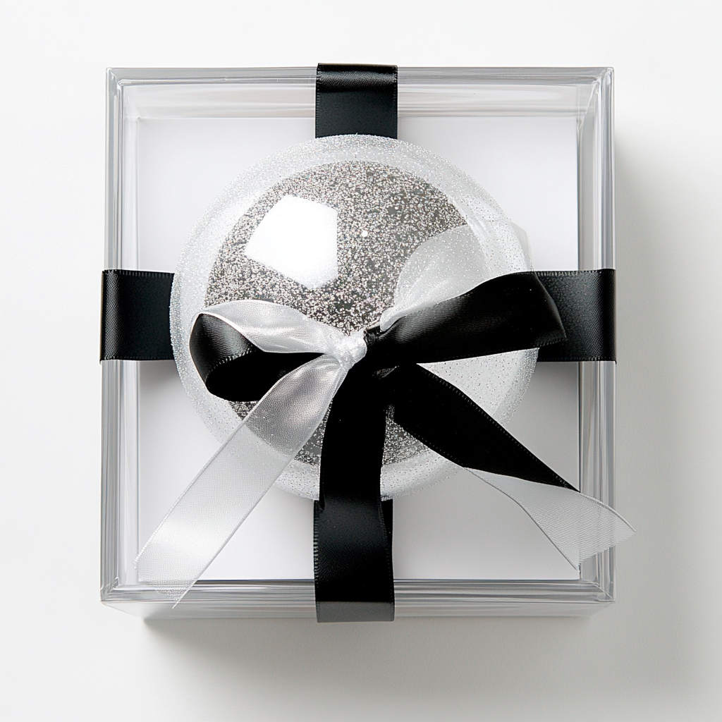 Square gift box with silver & black ribbon, white sphere.