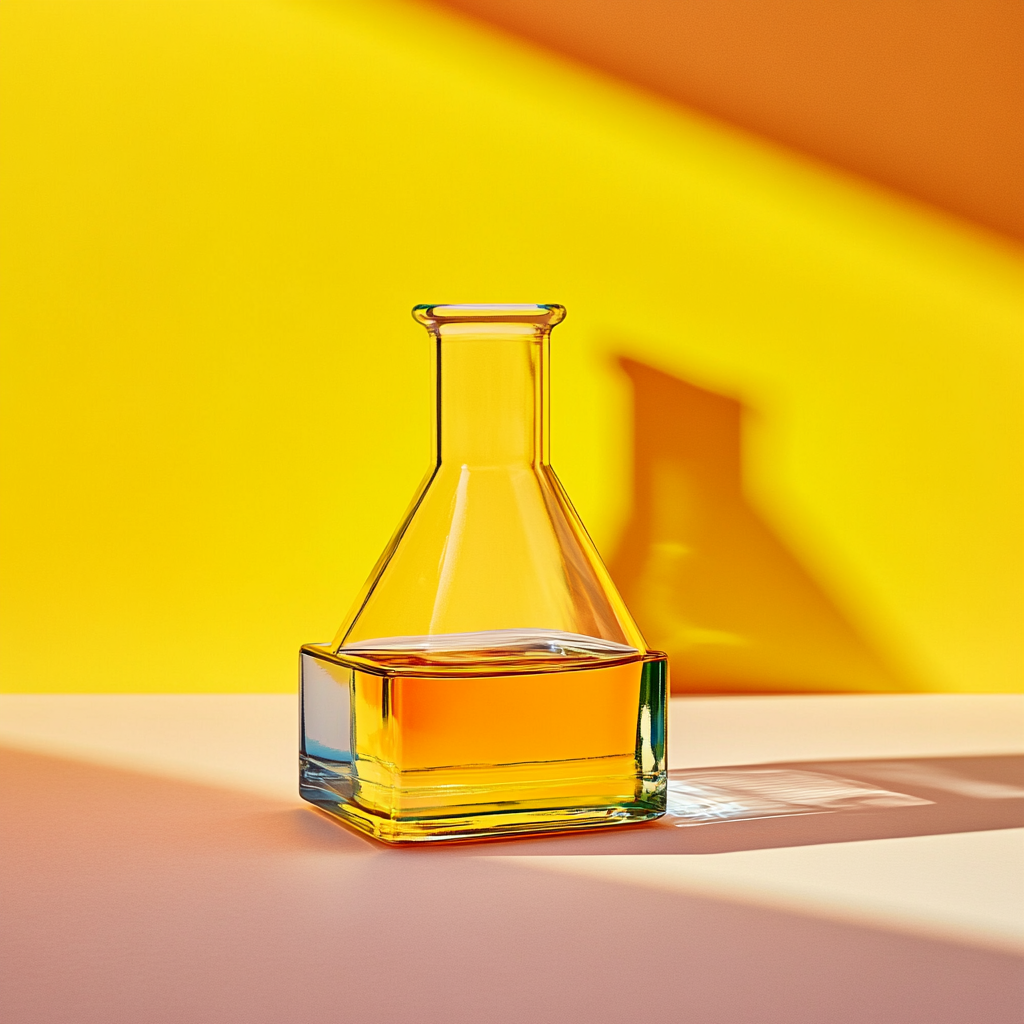 Square glass container with CBS oil, beaker, gradient background.