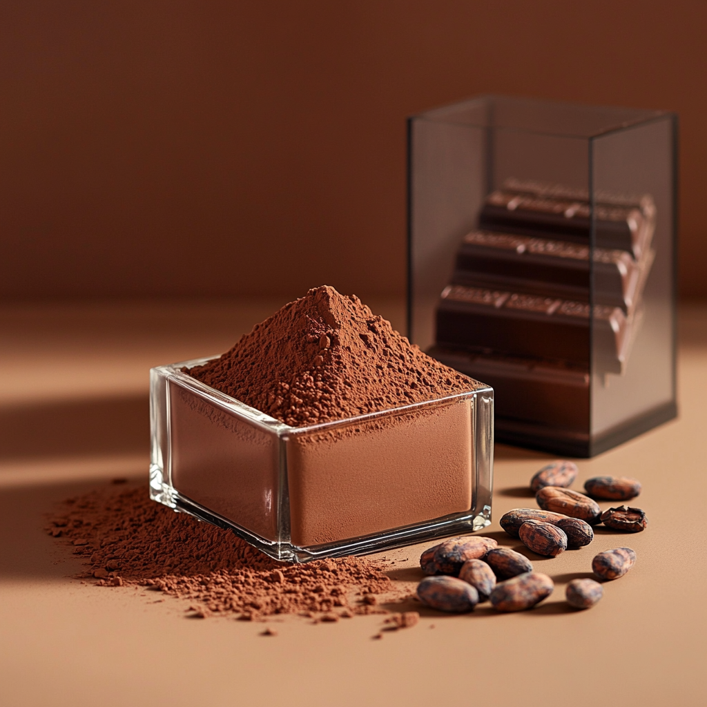 Square glass container with cocoa powder and cocoa beans.