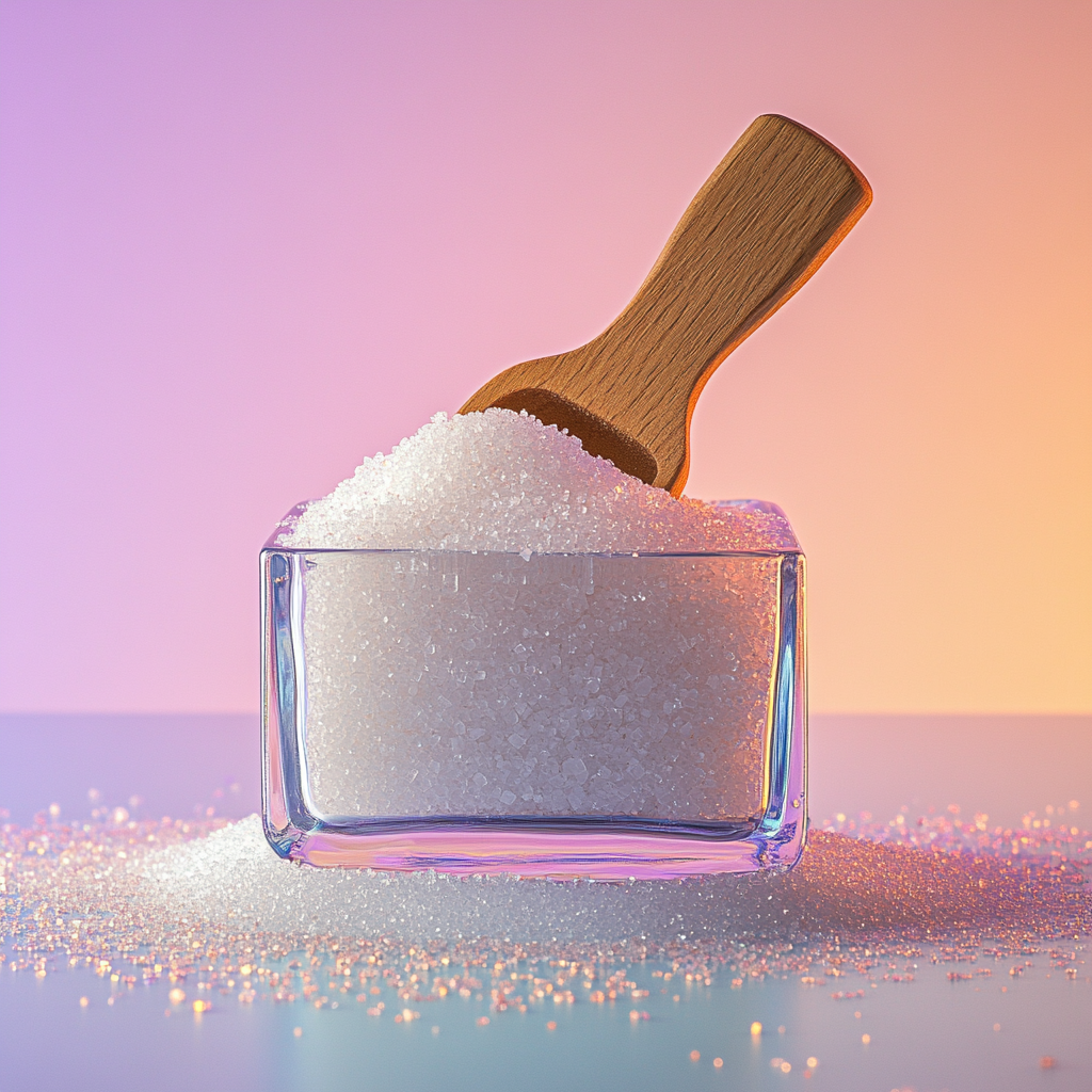 Square glass container with wooden scoop filled with sugar.