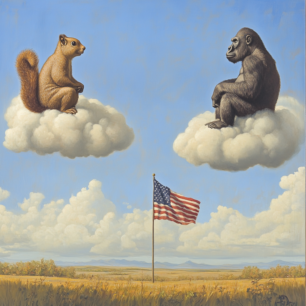 Squirrel and Gorilla meet on Clouds above Meadow.