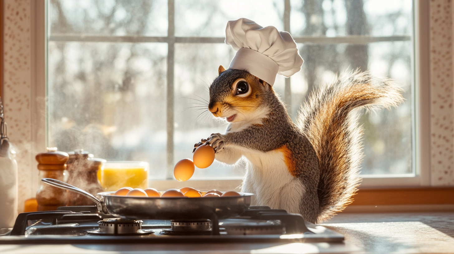 Squirrel chef on countertop making eggs in Pixar-style kitchen.